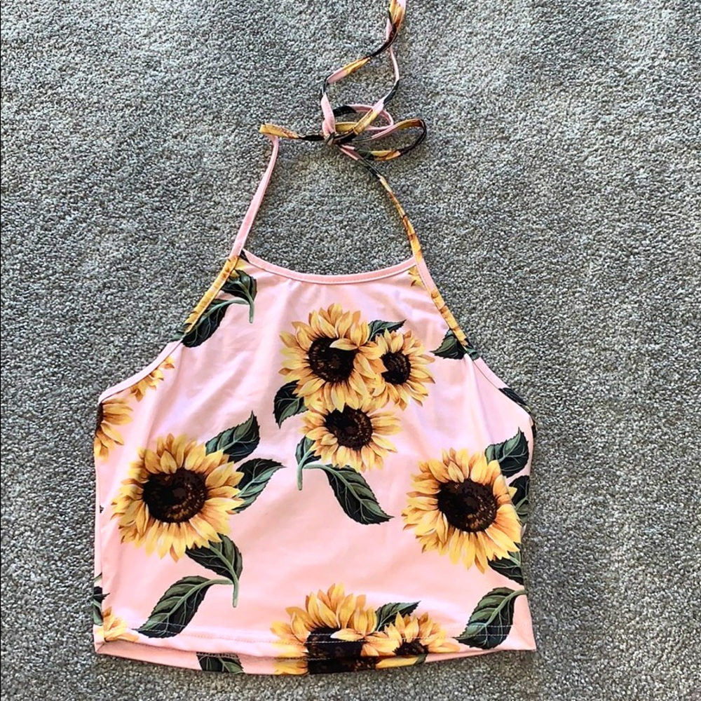 Shein Pink Floral Halter Crop Top Size Small